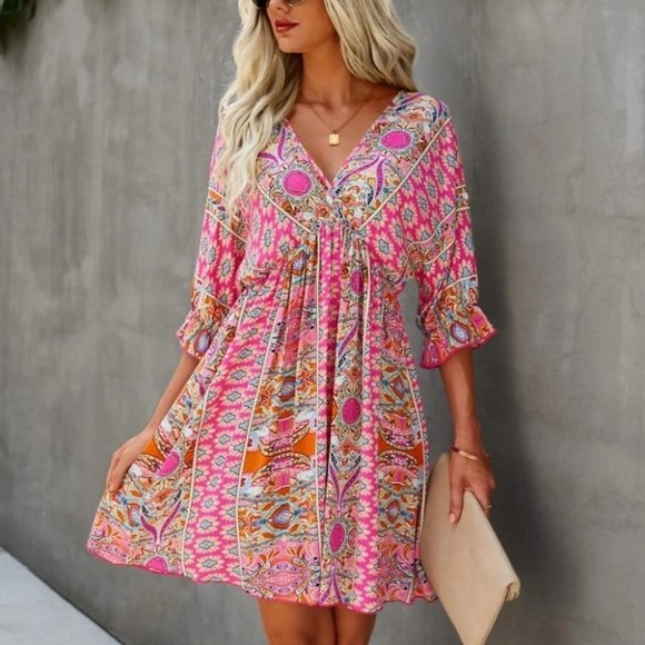 . Dresses & Skirts - Multi Print Wrap Neck Tie Back Dress Pink
